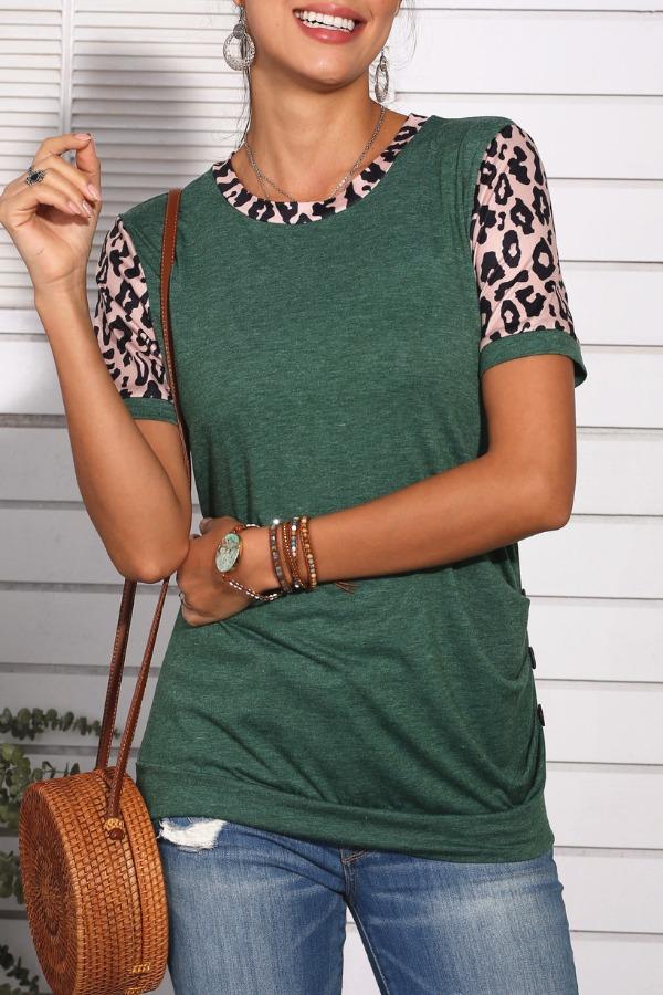 Omyke Leopard Patchwork Green T-shirt