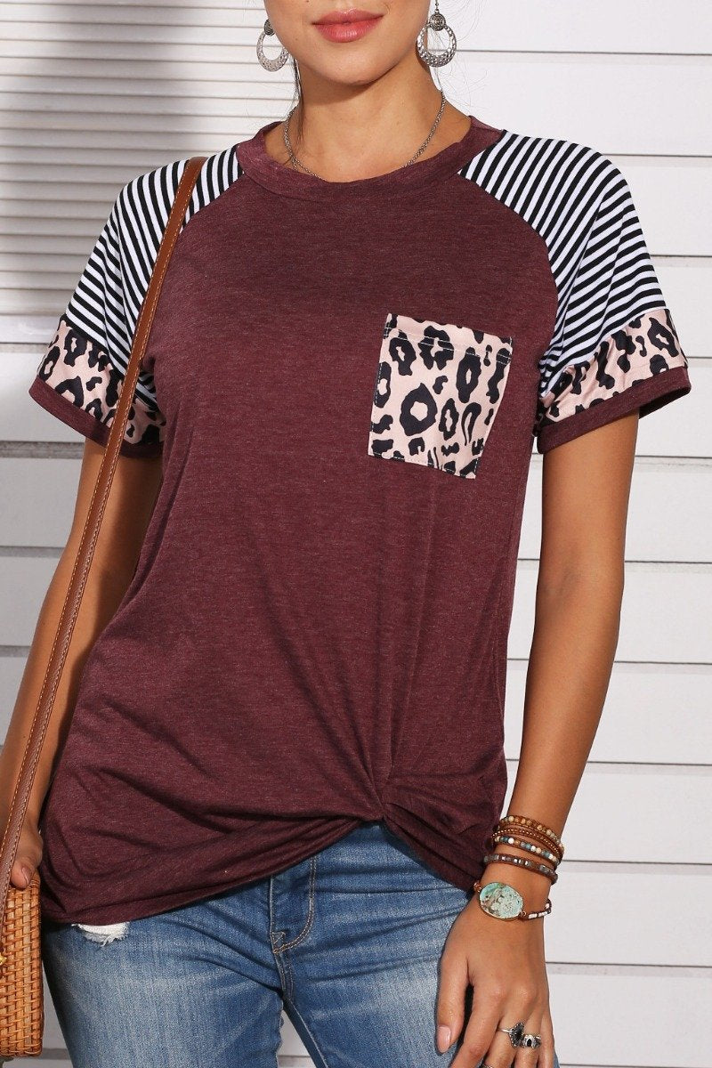 Omyke Patchwork Leopard Striped Wine Red T-shirt