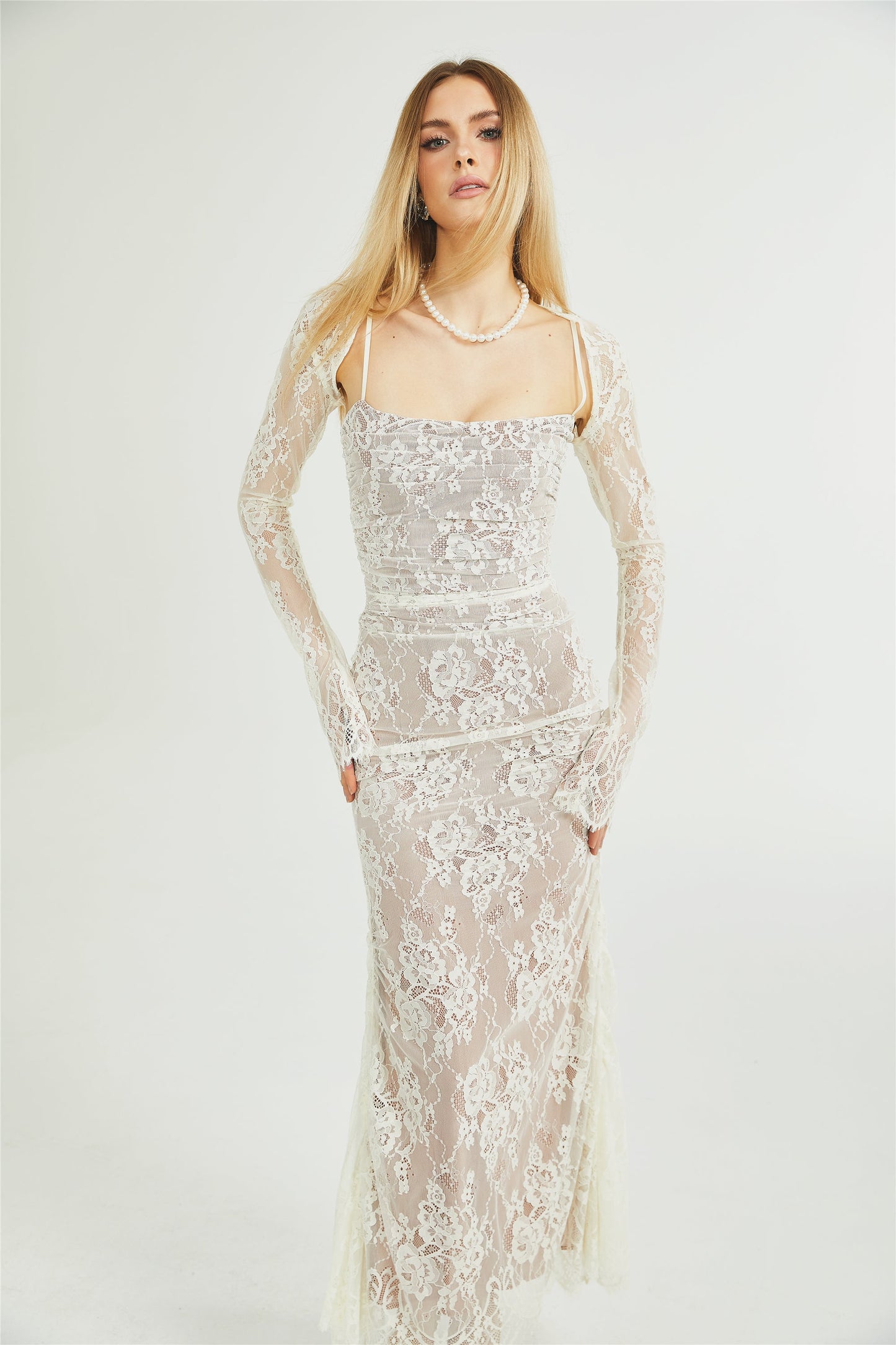 Valérie white floral lace mesh maxi dress