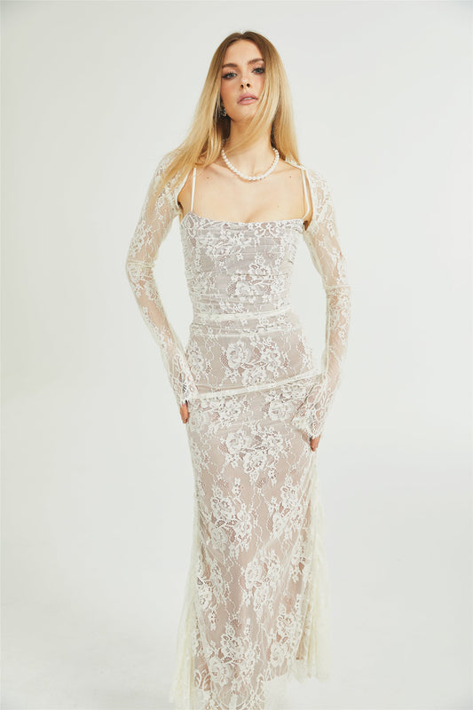 Valérie white floral lace mesh maxi dress