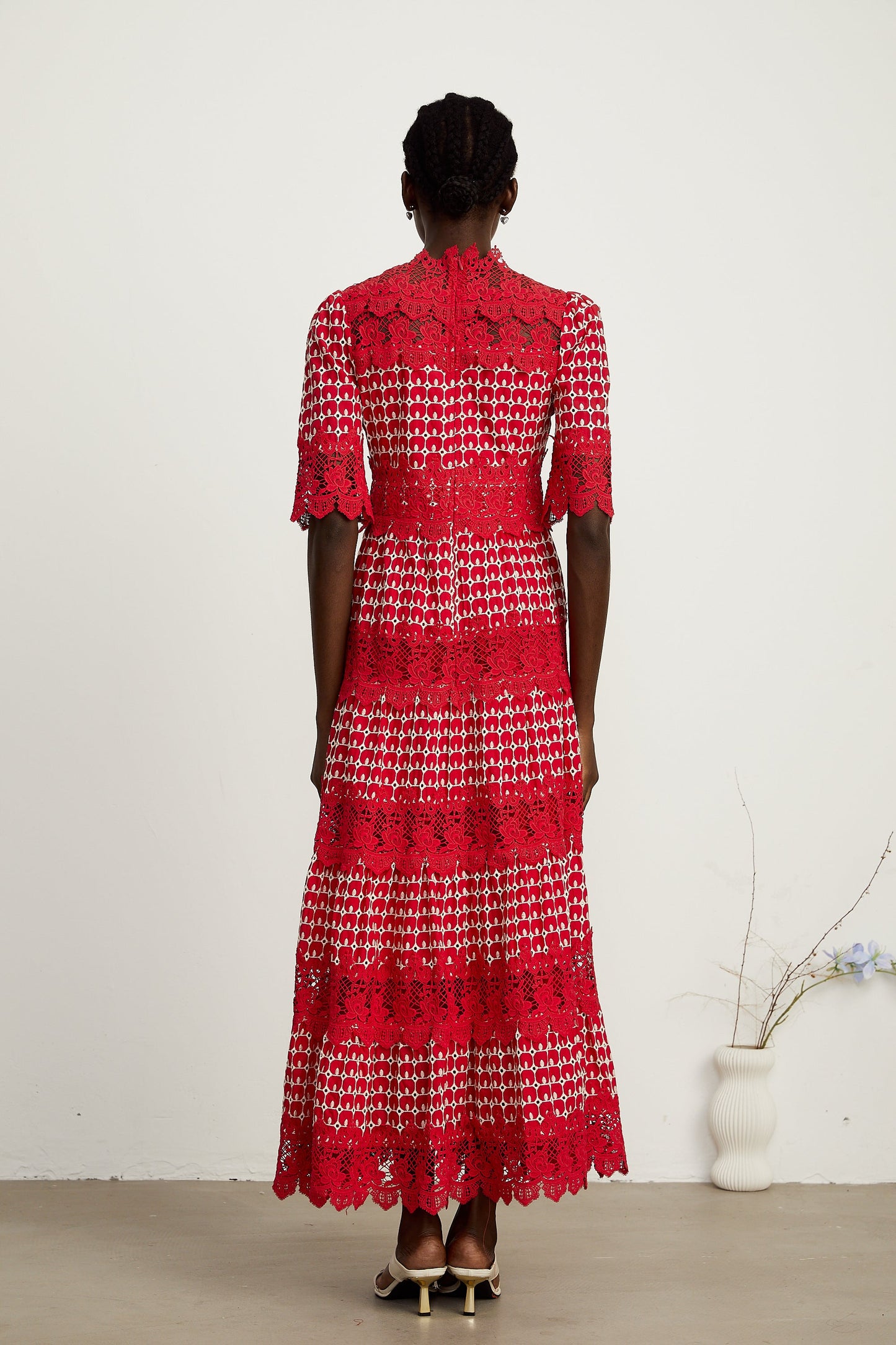 Chantal red scallop-pattern lace-panel maxi dress