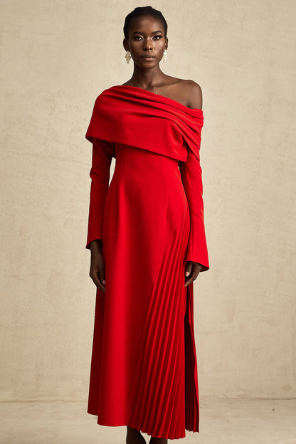 Valentine Red Pleated Maxi Dress with High Slit