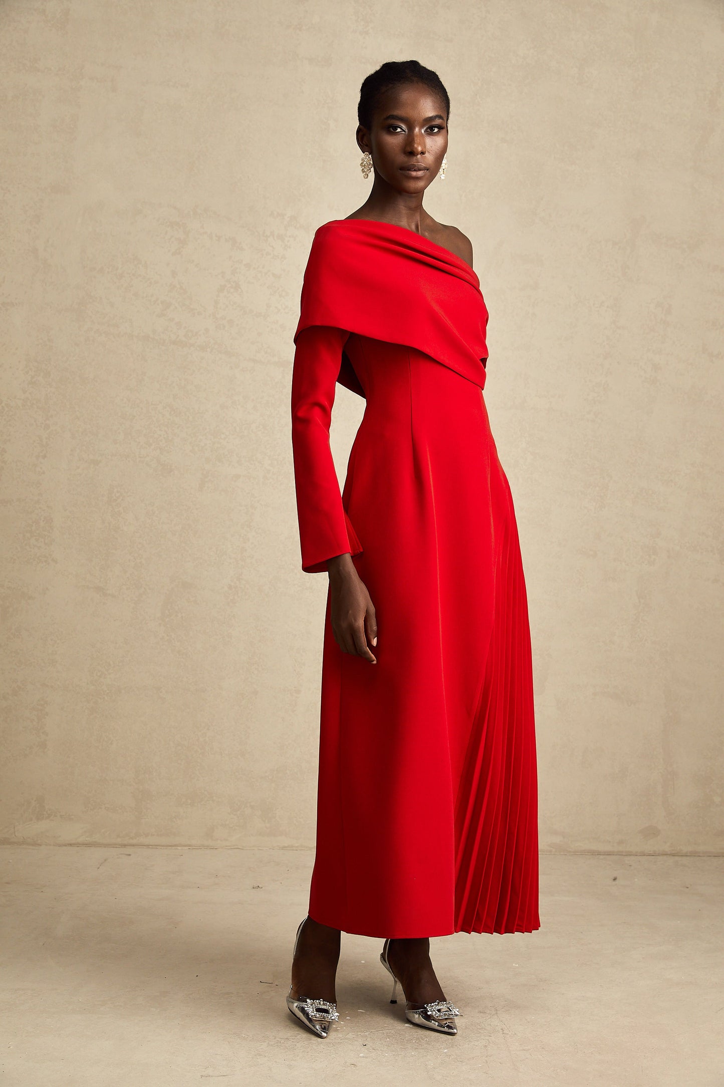 Valentine Red Pleated Maxi Dress with High Slit