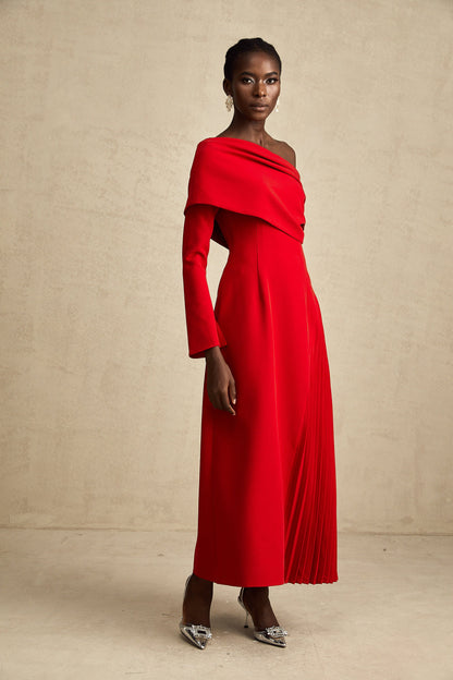 Valentine Red Pleated Maxi Dress with High Slit