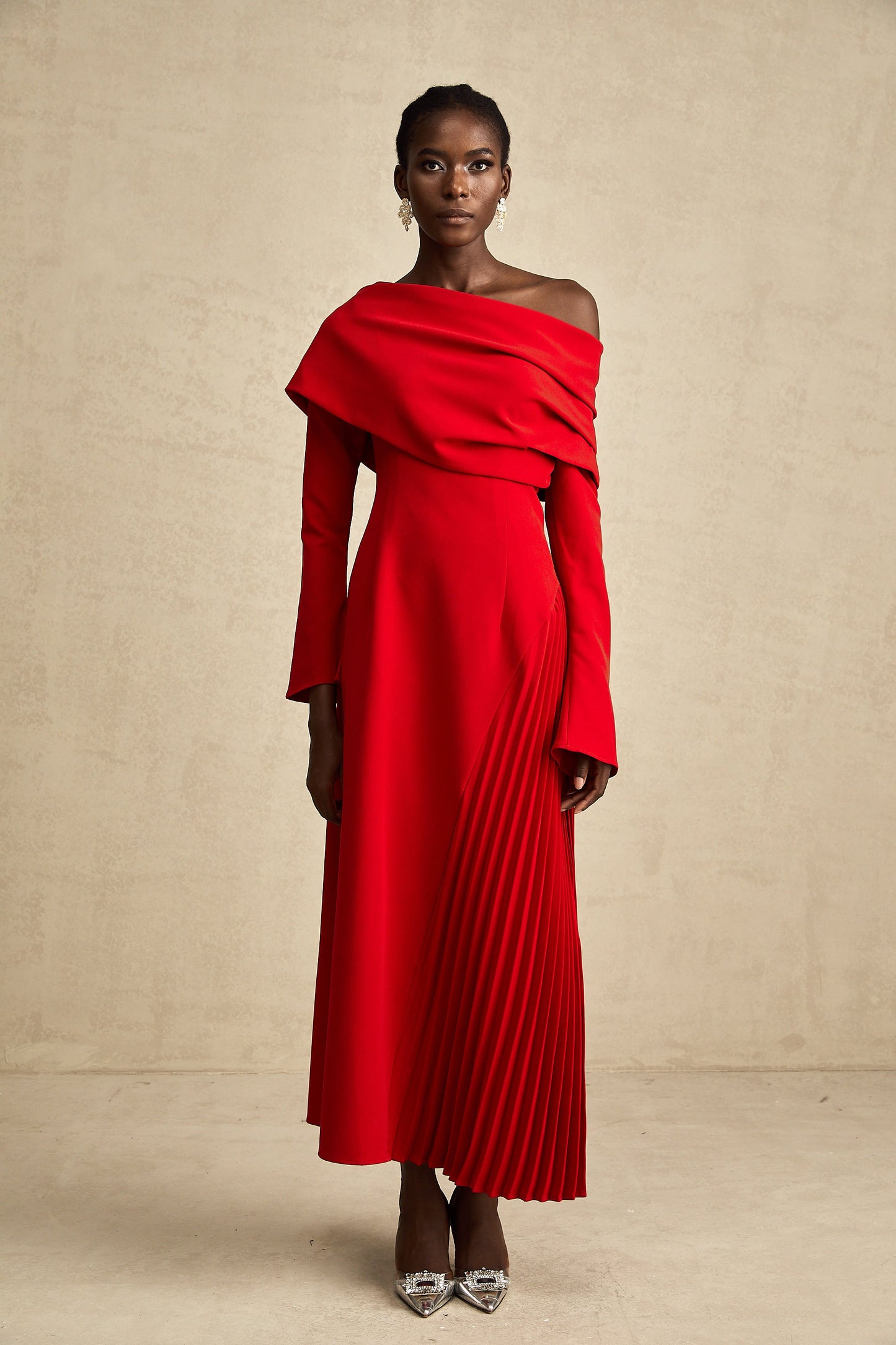 Valentine Red Pleated Maxi Dress with High Slit