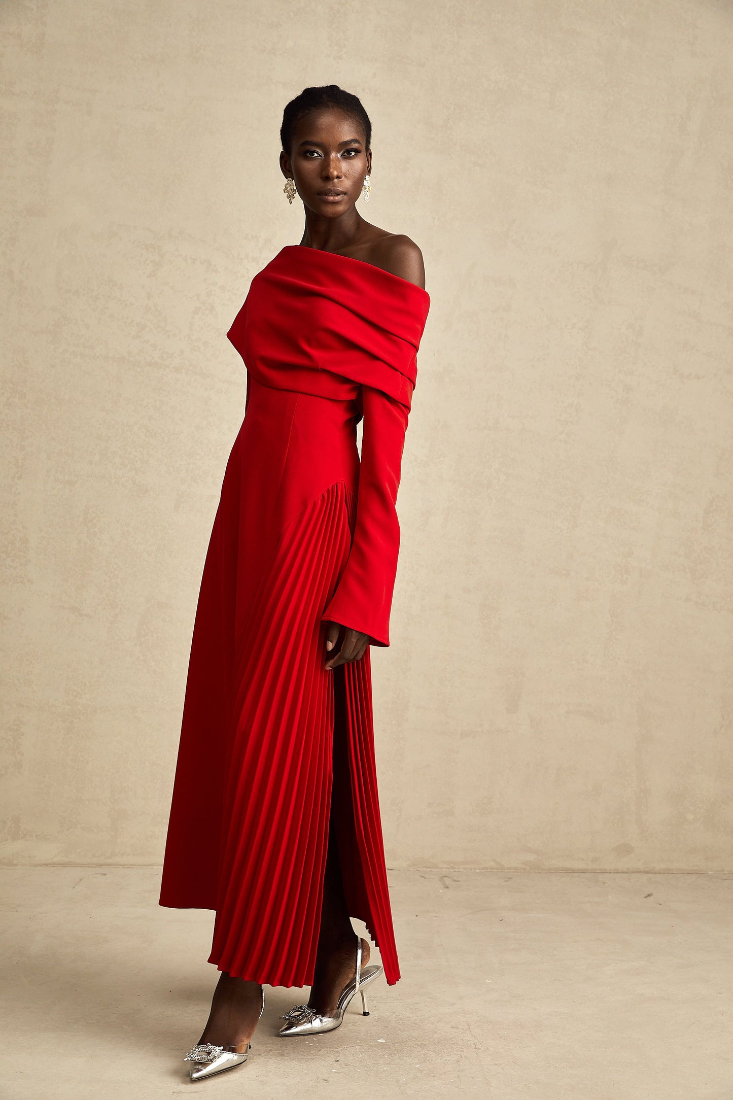 Valentine Red Pleated Maxi Dress with High Slit