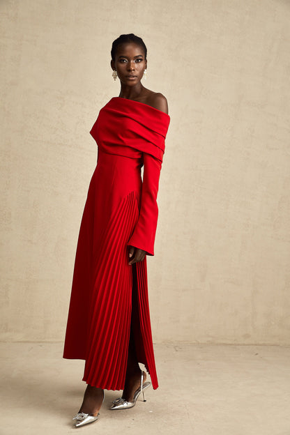 Valentine Red Pleated Maxi Dress with High Slit