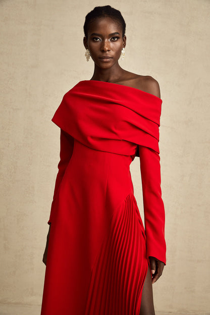 Valentine Red Pleated Maxi Dress with High Slit