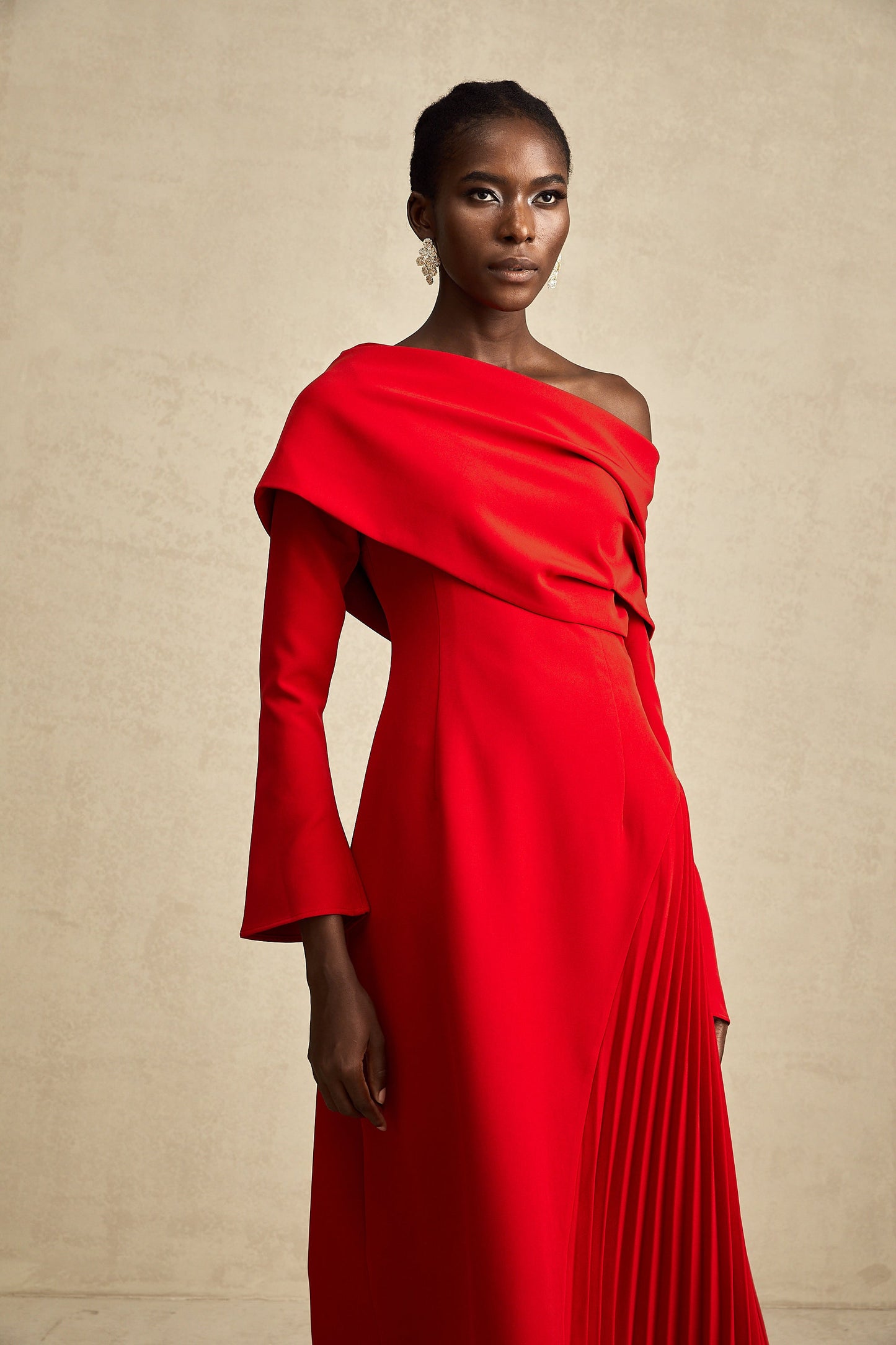 Valentine Red Pleated Maxi Dress with High Slit