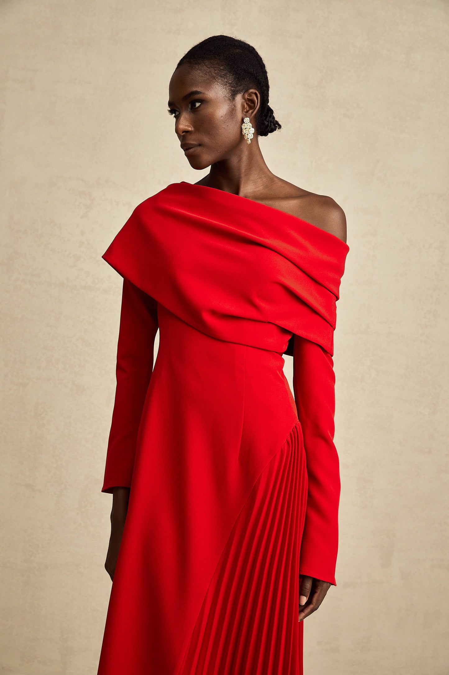 Valentine Red Pleated Maxi Dress with High Slit