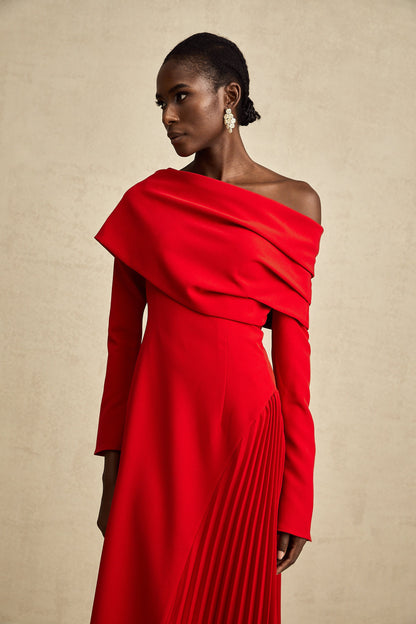Valentine Red Pleated Maxi Dress with High Slit