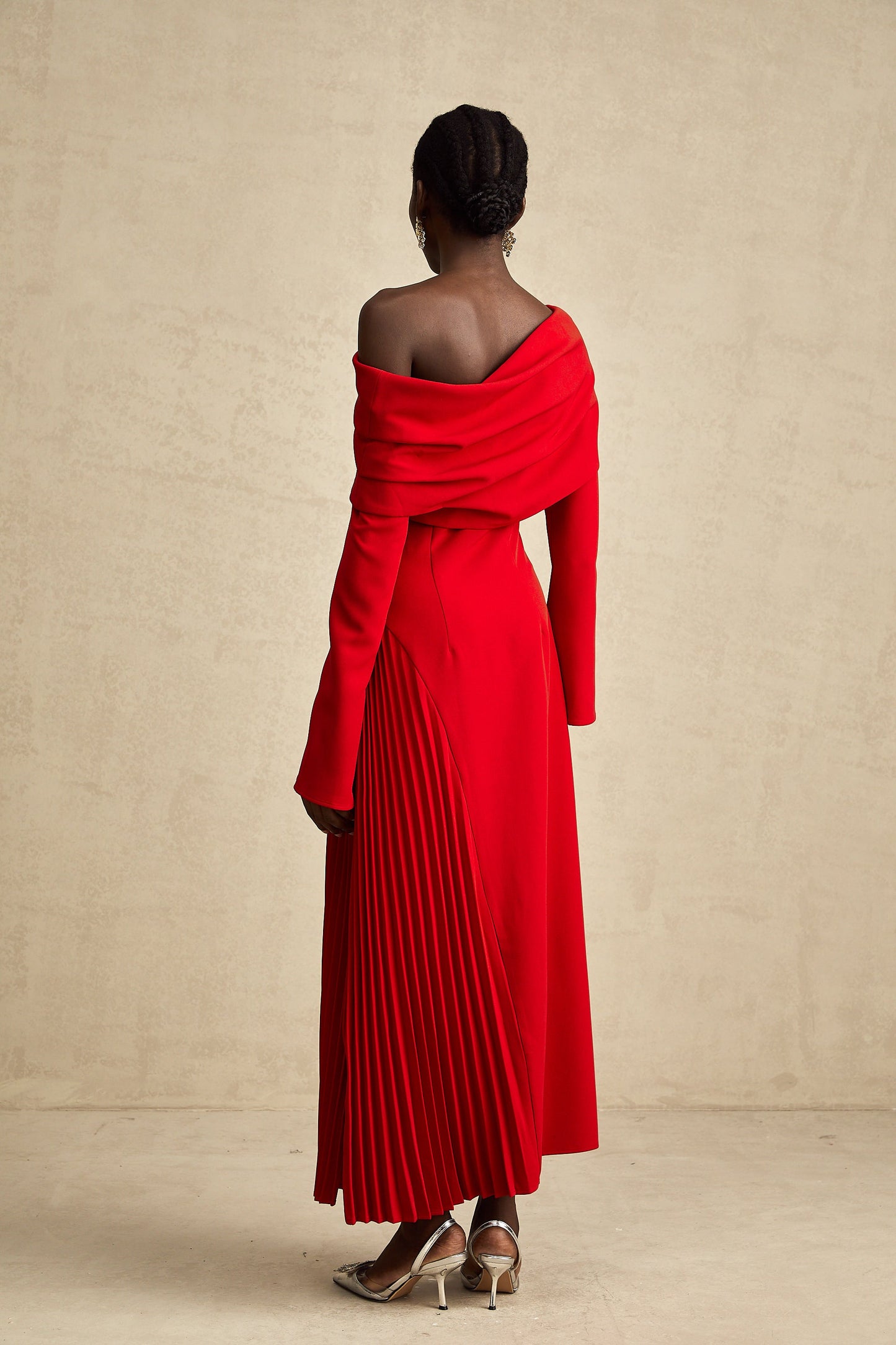 Valentine Red Pleated Maxi Dress with High Slit