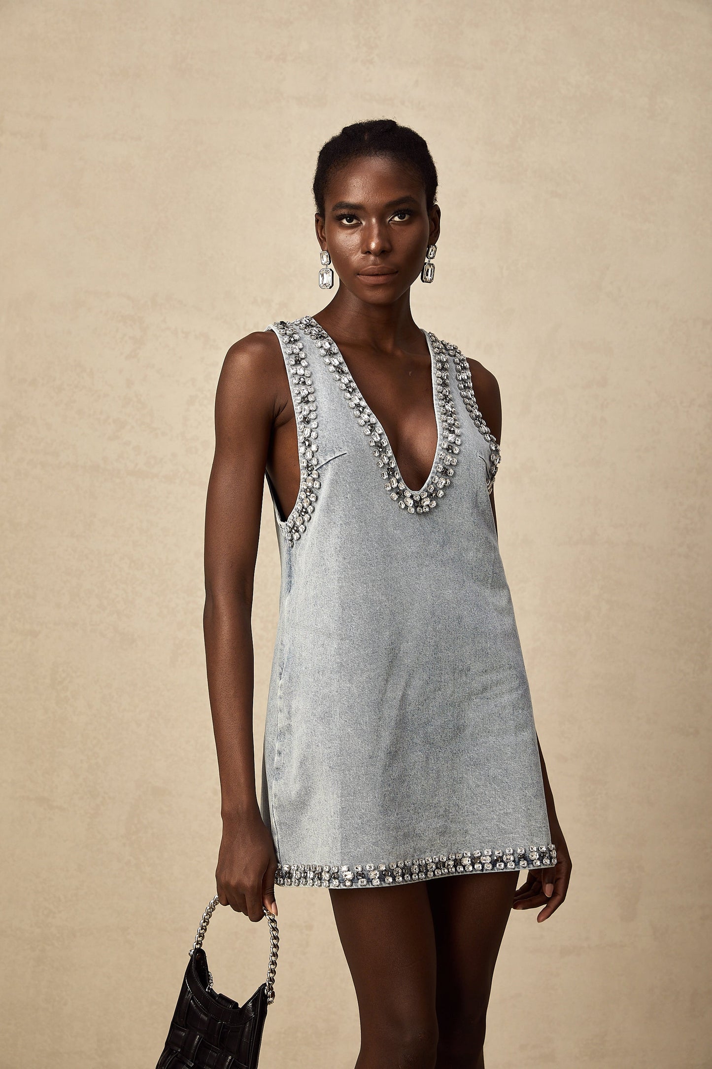 Daphné blue crystal sleeveless denim mini dress