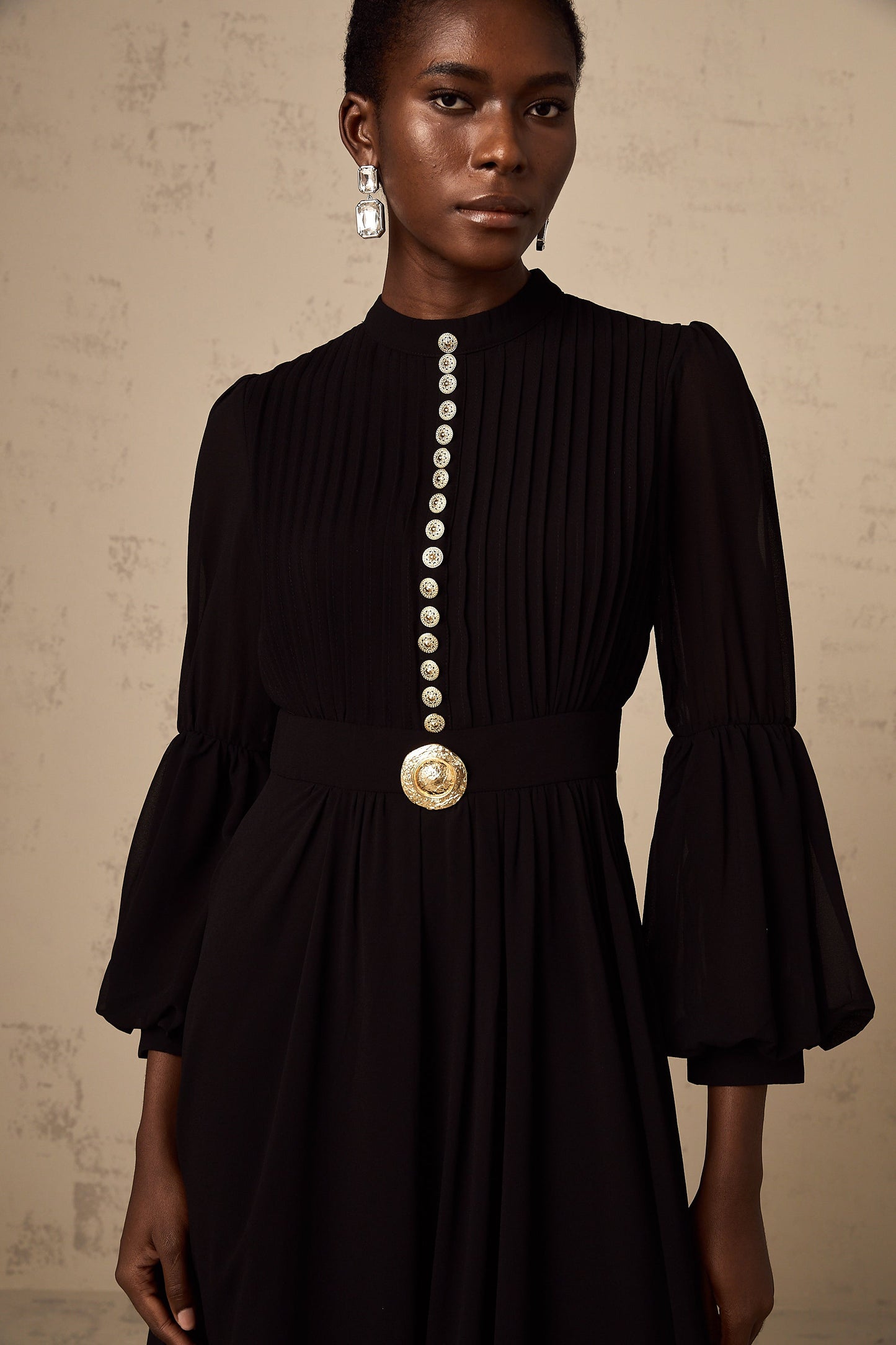 Viviane black pleated button-front midi dress