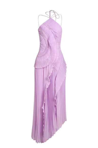 Pleated Frill Halter Neck Midi Dress