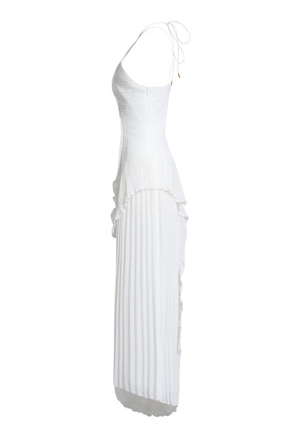 Pleated Frill Halter Neck Midi Dress