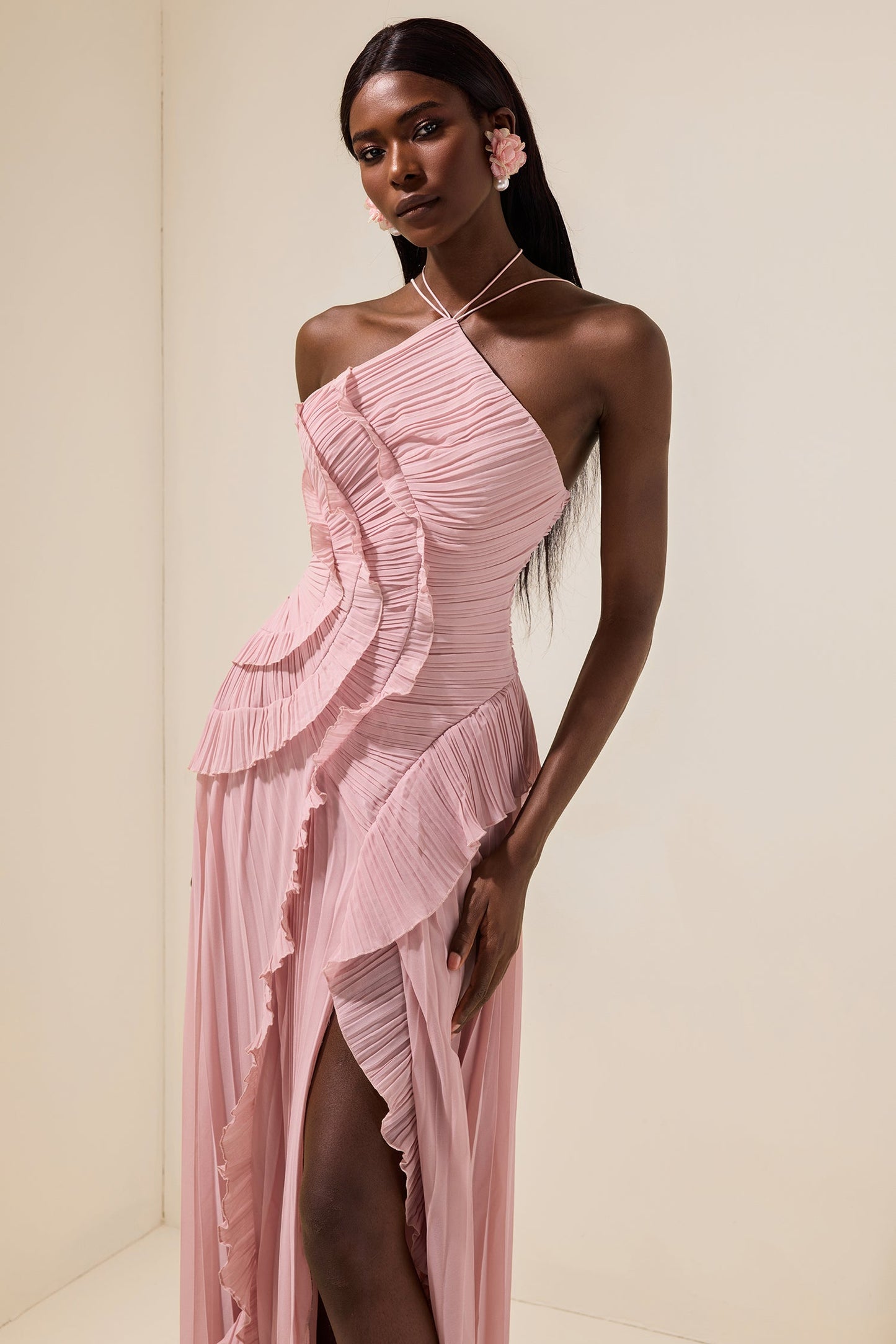 Pleated Frill Halter Neck Midi Dress