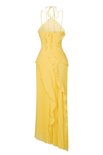 Pleated Frill Halter Neck Midi Dress