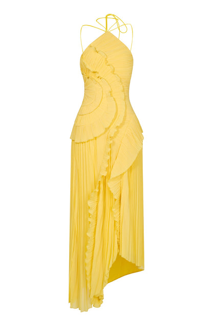 Pleated Frill Halter Neck Midi Dress