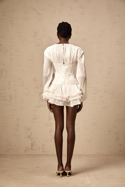Rosier fully-pleated cinched mini dress in White