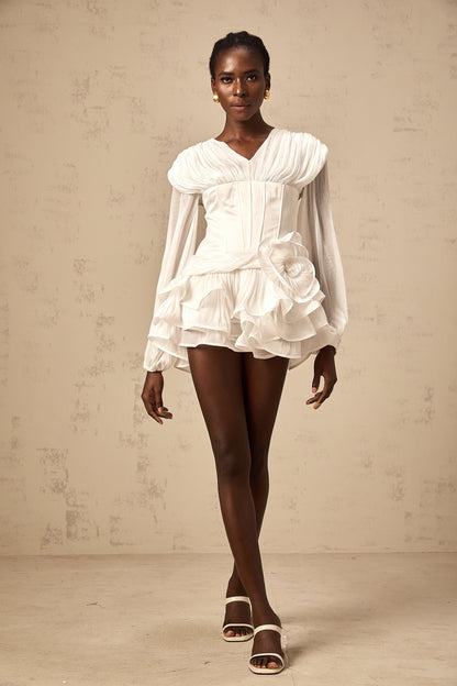 Rosier fully-pleated cinched mini dress in White