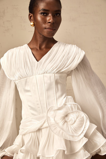 Rosier fully-pleated cinched mini dress in White