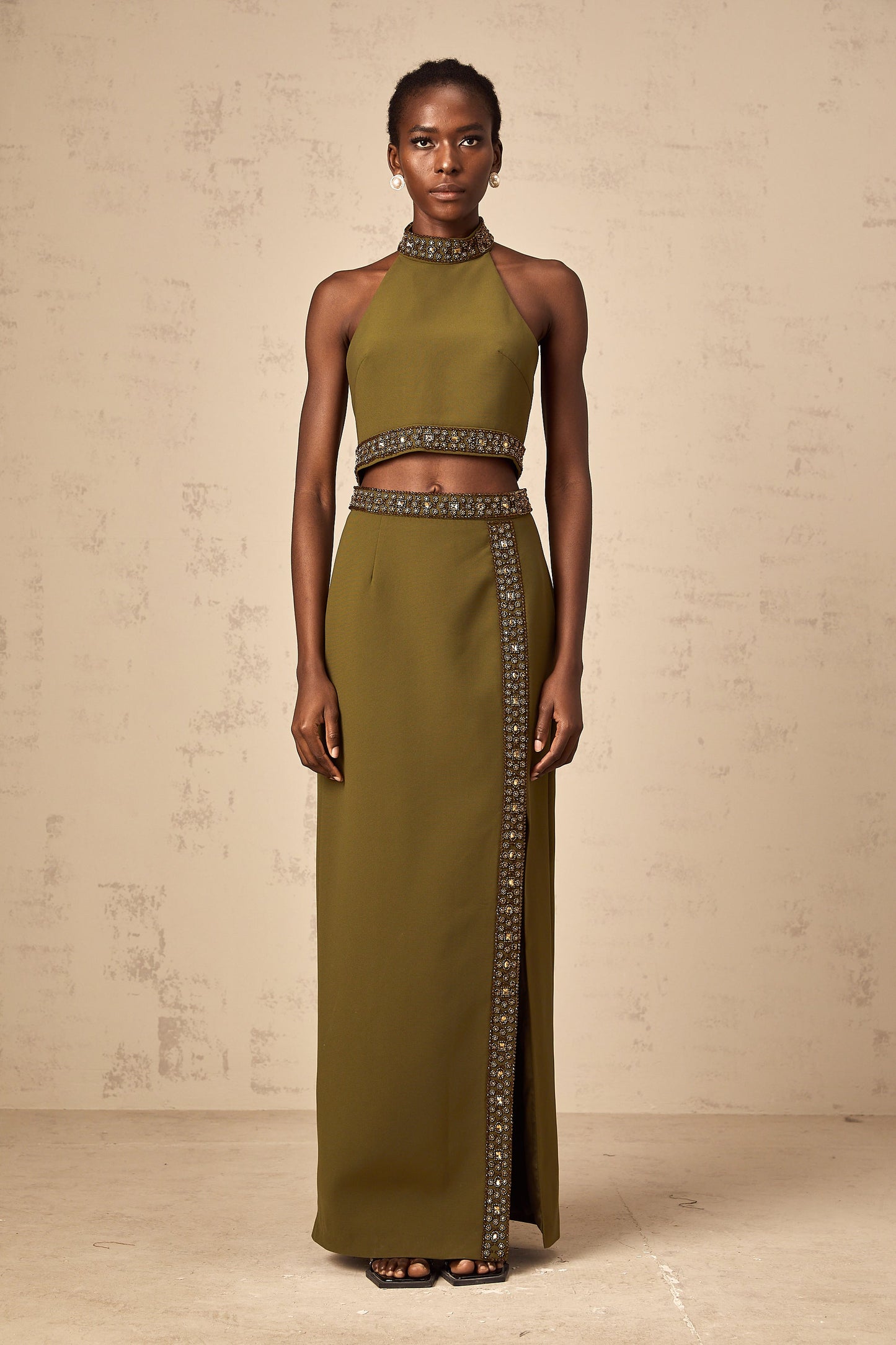 Daisy green beaded-trim top & skirt matching set