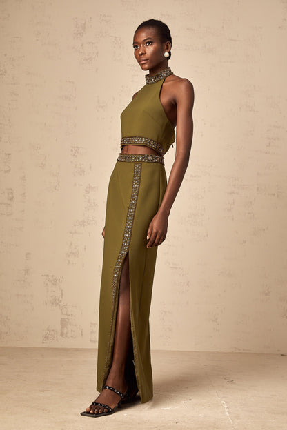 Daisy green beaded-trim top & skirt matching set
