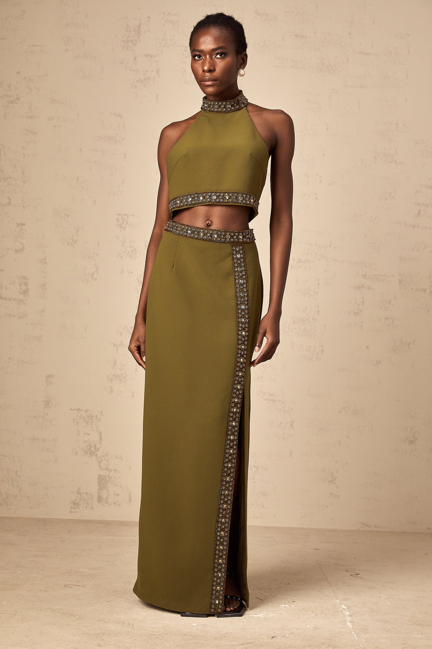 Daisy green beaded-trim top & skirt matching set