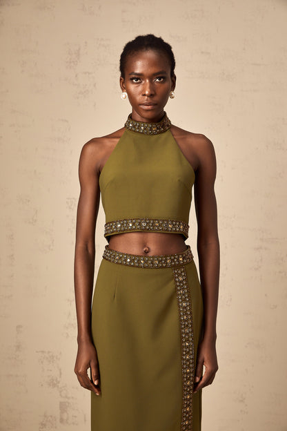 Daisy green beaded-trim top & skirt matching set