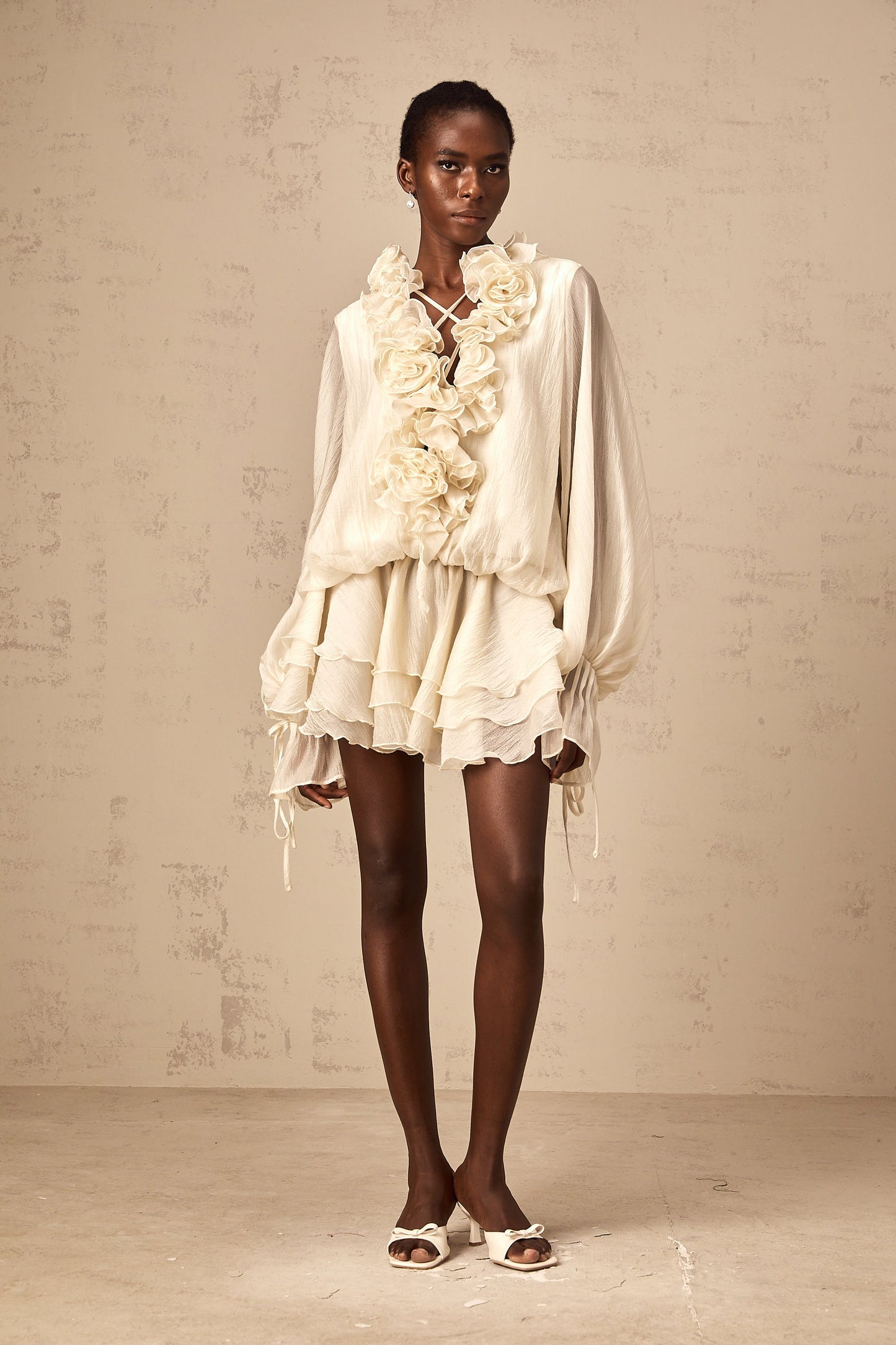 Zéphyrine floral-appliqué tiered mini dress in Neutrals