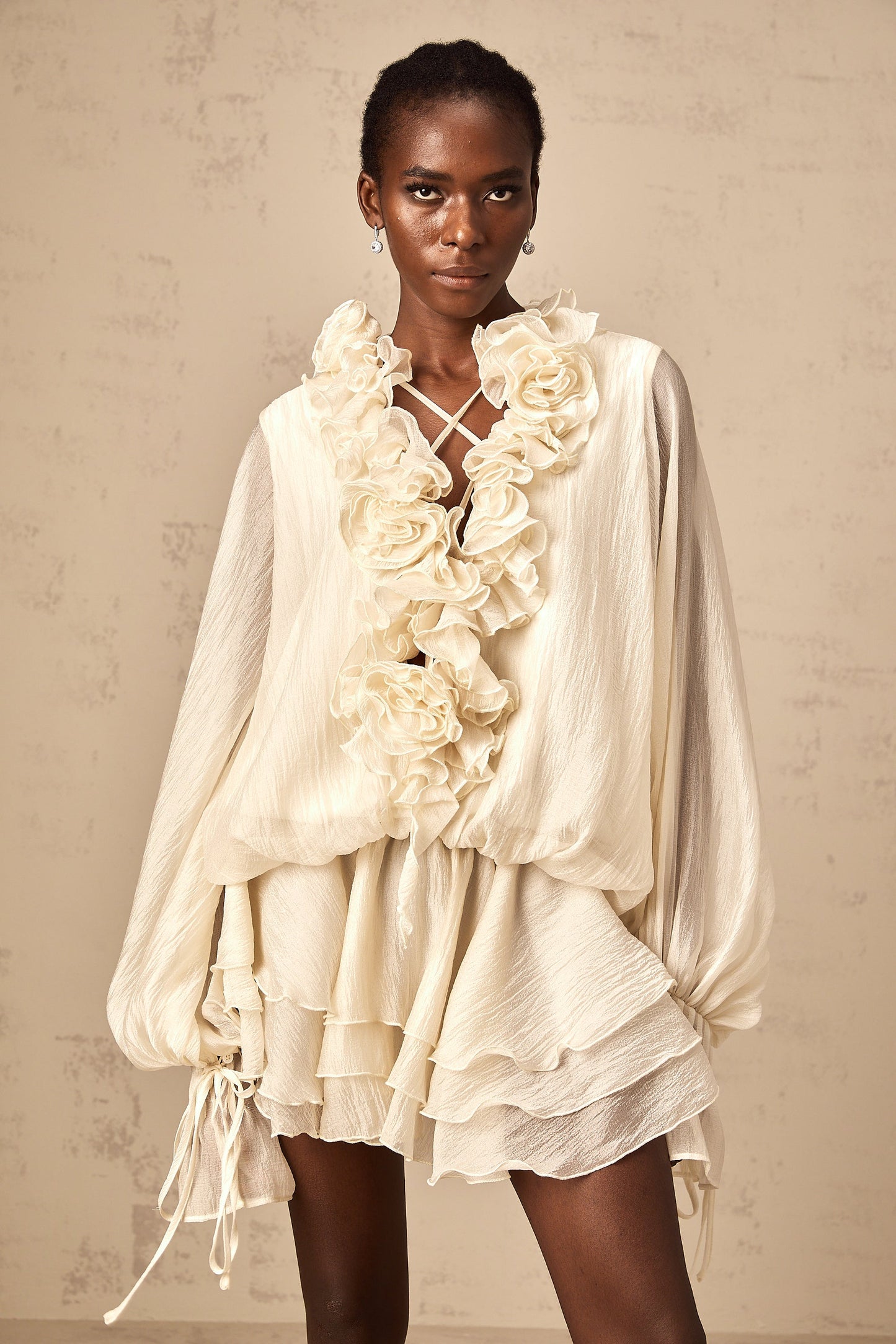 Zéphyrine floral-appliqué tiered mini dress in Neutrals