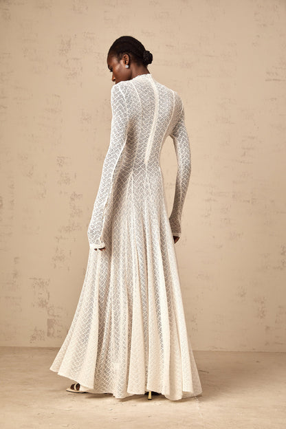 Athena wavy-pattern lace maxi dress in White