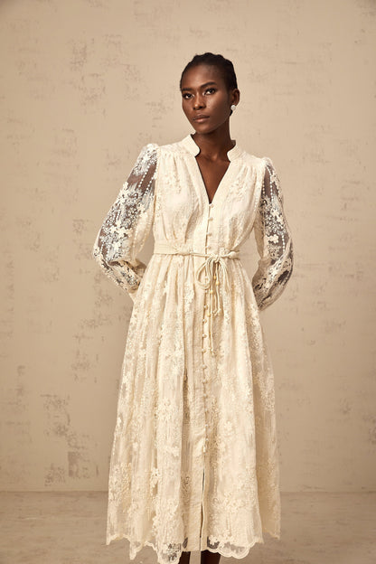 Roxane neutrals lace-embroidered midi dress