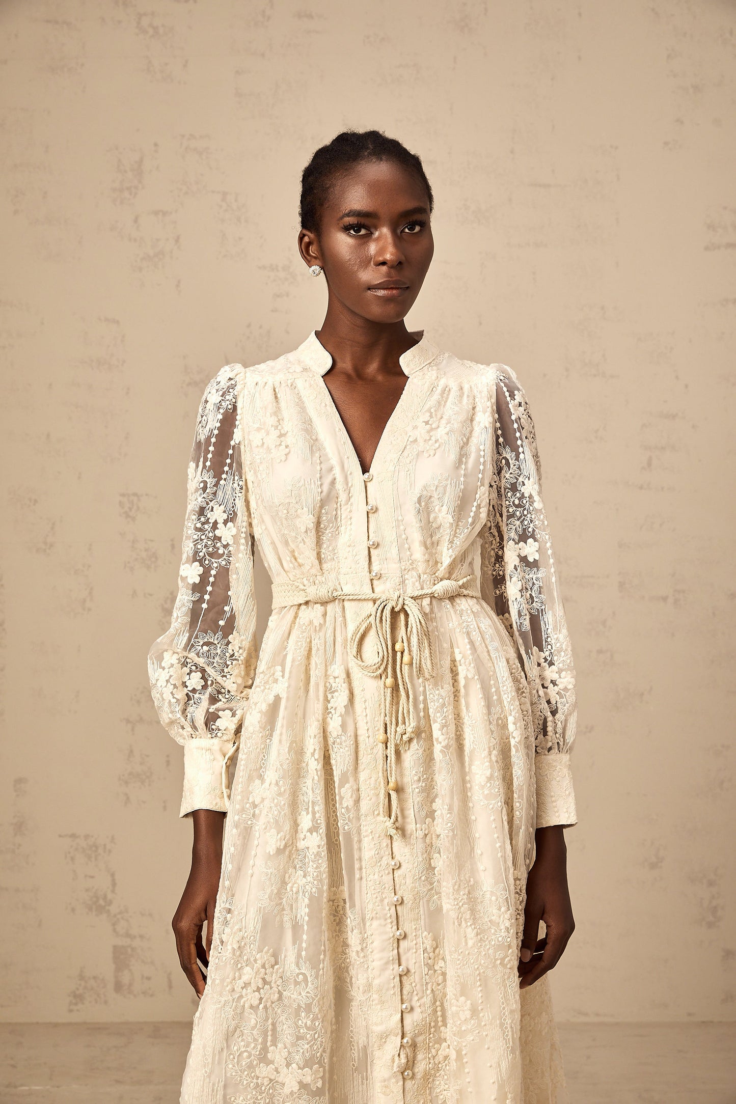 Roxane neutrals lace-embroidered midi dress
