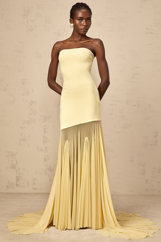 Josiane yellow off-shoulder sheer tulle maxi dress