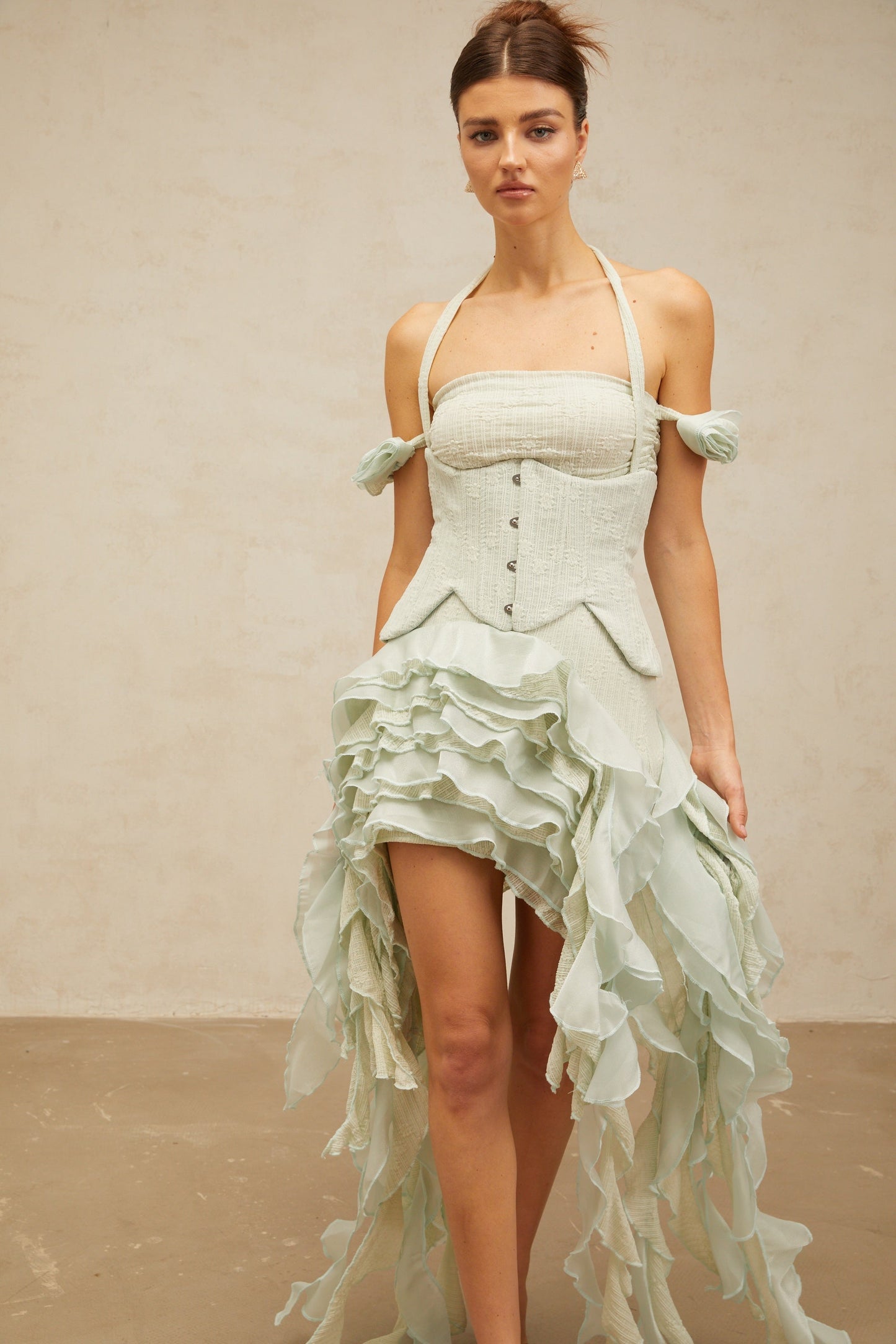 Patricia green floral-appliqué asymmetrical ruffled mini dress