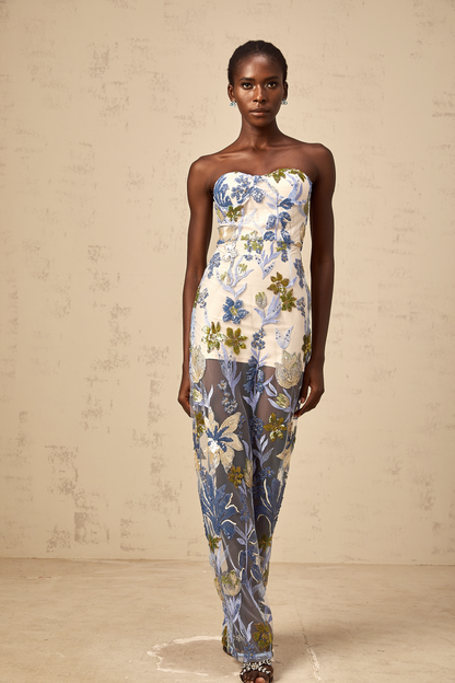 Patricia blue sequined flower-embroidered corset tulle maxi dress