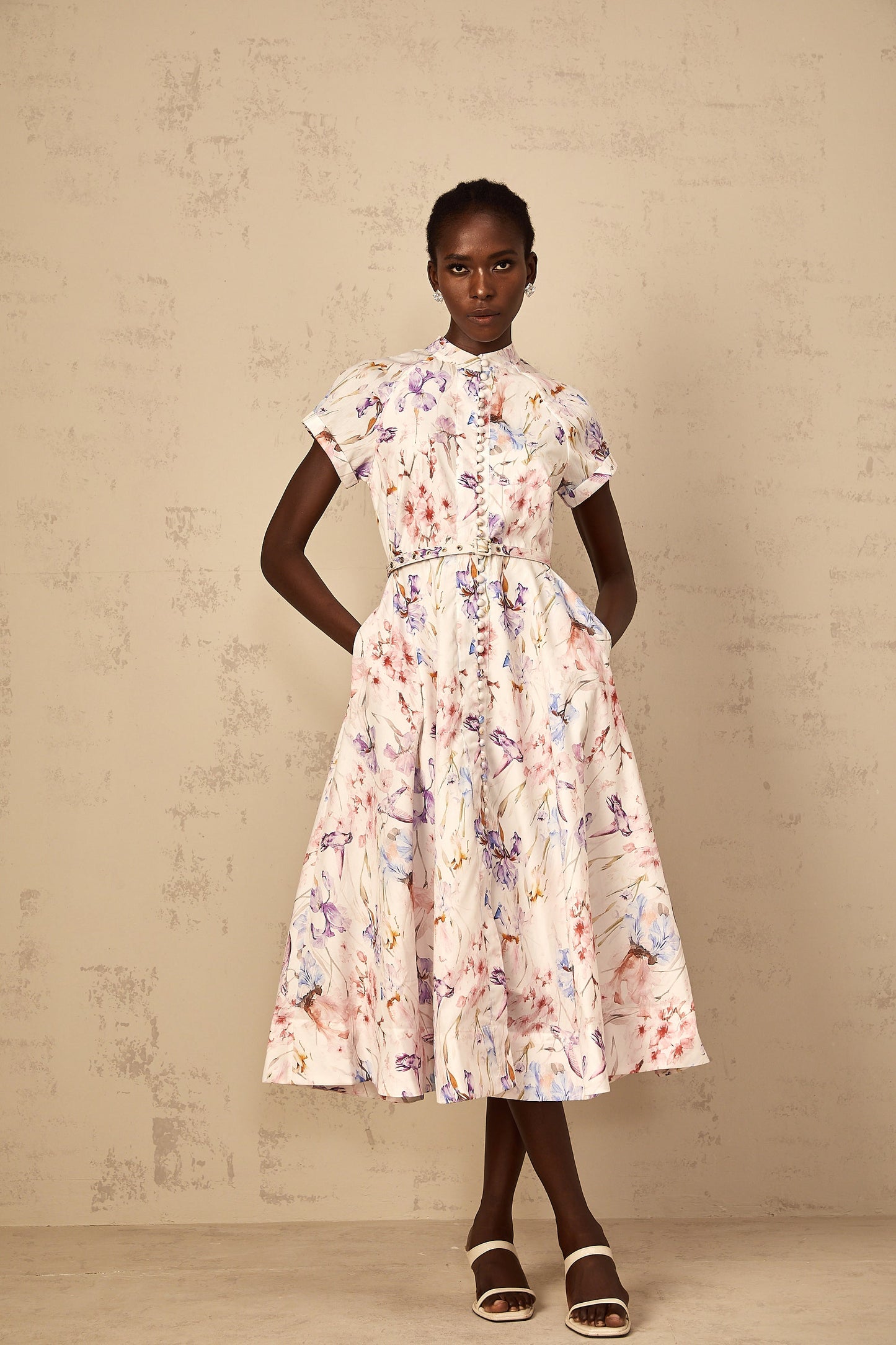 Géraldine White Mock-Neck Floral Print Midi Dress