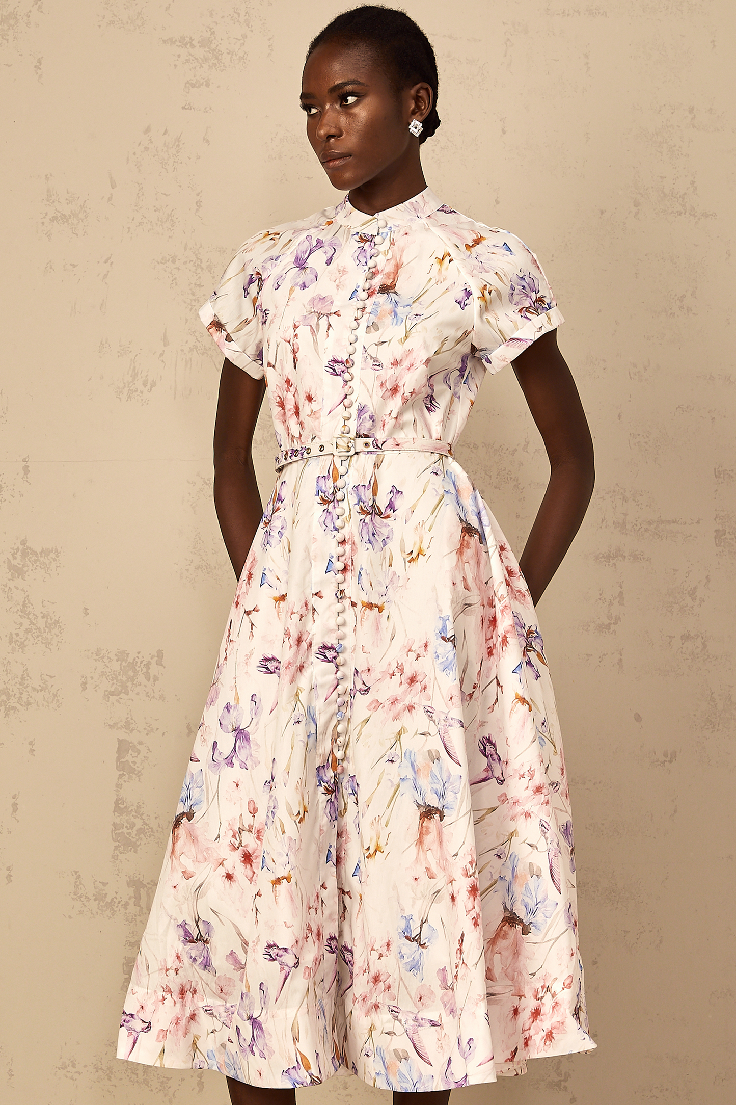 Géraldine White Mock-Neck Floral Print Midi Dress