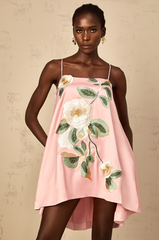 Avril Pink Floral Embroidered Satin Mini Dress