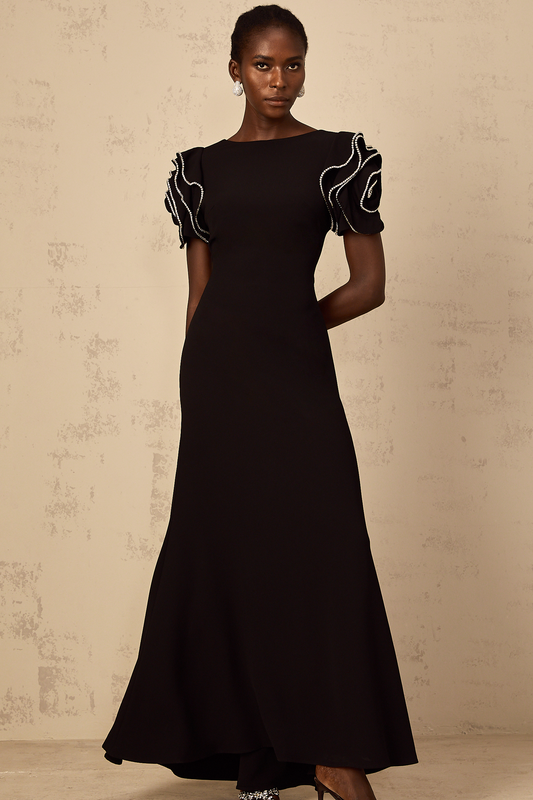 Bruyère Black Ruffled Embellished Maxi Dress