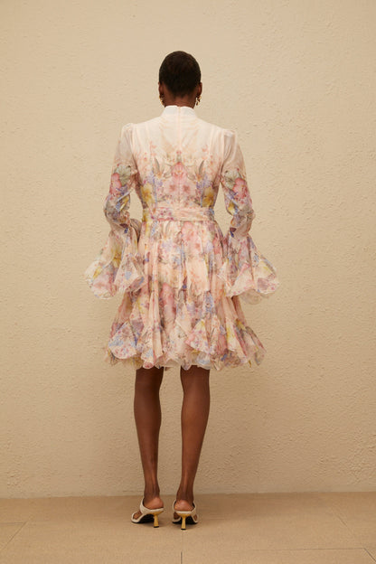 Aya Pink Godet Floral Mini Dress