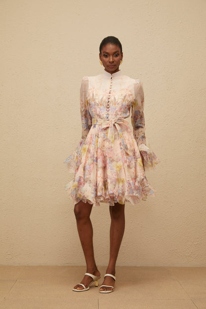 Aya Pink Godet Floral Mini Dress