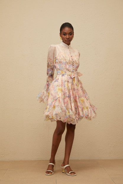 Aya Pink Godet Floral Mini Dress