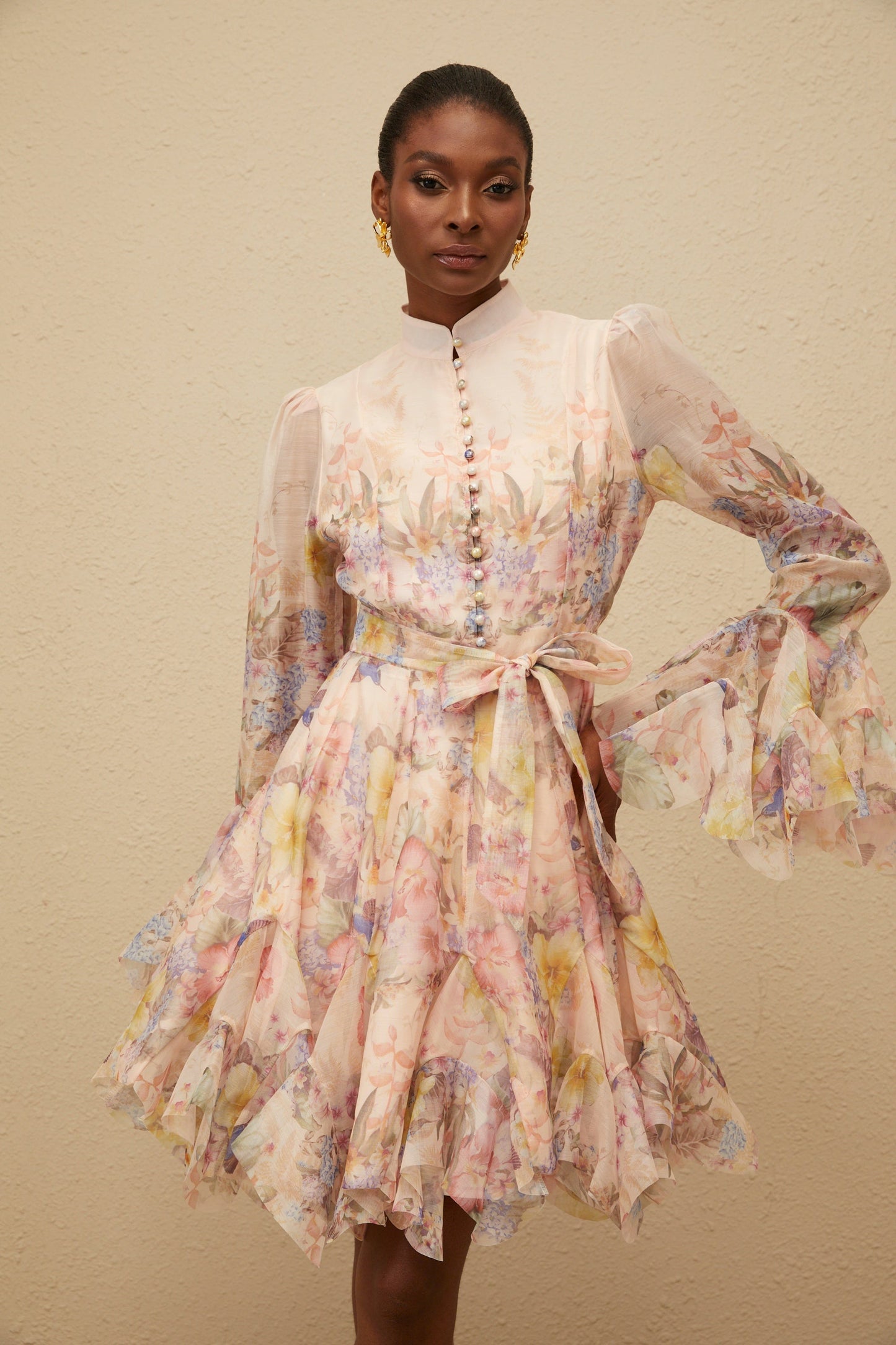 Aya Pink Godet Floral Mini Dress