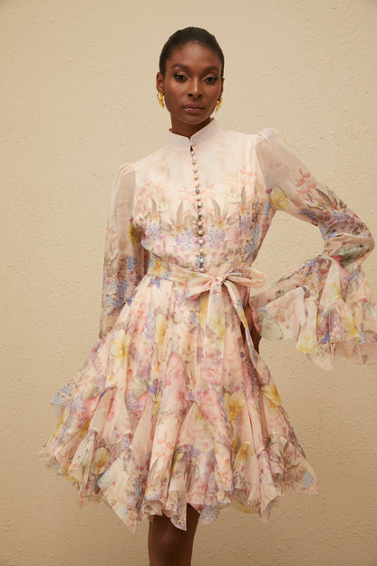 Aya Pink Godet Floral Mini Dress