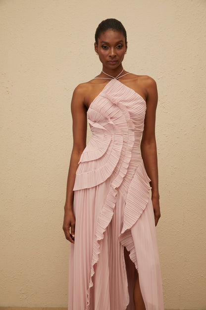 Doux Pink Ruffled Trim Pleated Midi Dress