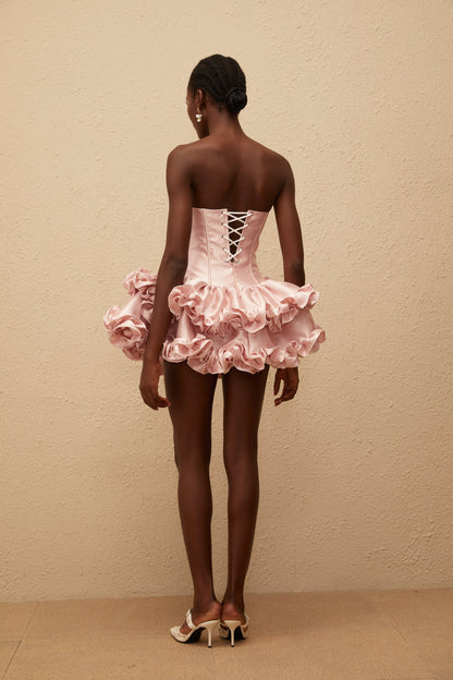 Laurine Pink Ruffled Satin Mini Dress