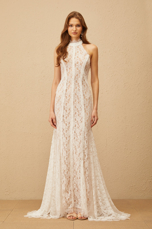 Gaëlle White Train Design Lace Maxi Dress
